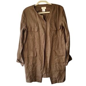 Neiman Marcus Linen Duster Long Topper Jacket  Sz Large Olive Brown